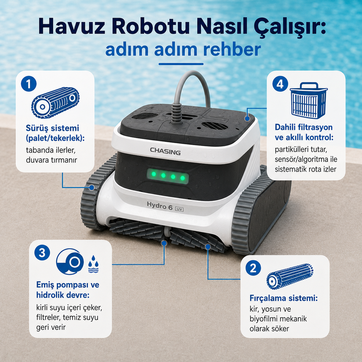 Havuz robotunun sürüş, fırçalama, emiş ve filtrasyon bileşenlerini gösteren infografik