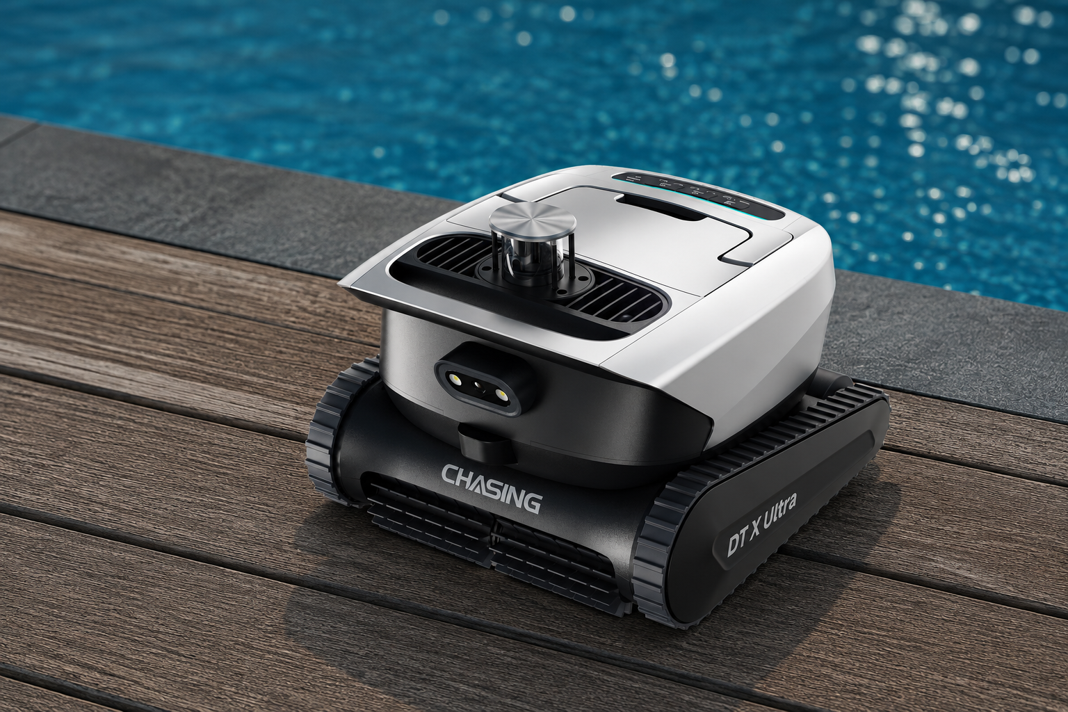 Chasing DTX Ultra kablosuz havuz robotu, üstünde silindirik LiDAR sensörüyle açılı görünümde