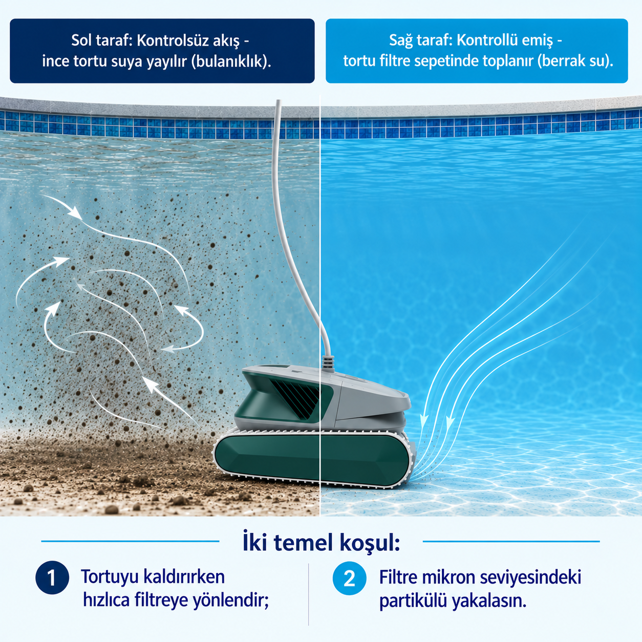 Havuz tabanındaki tortunun kontrolsüz akışta suya yayılması ile kontrollü emişte filtre sepetinde toplanmasını karşılaştıran kesit diyagramı.