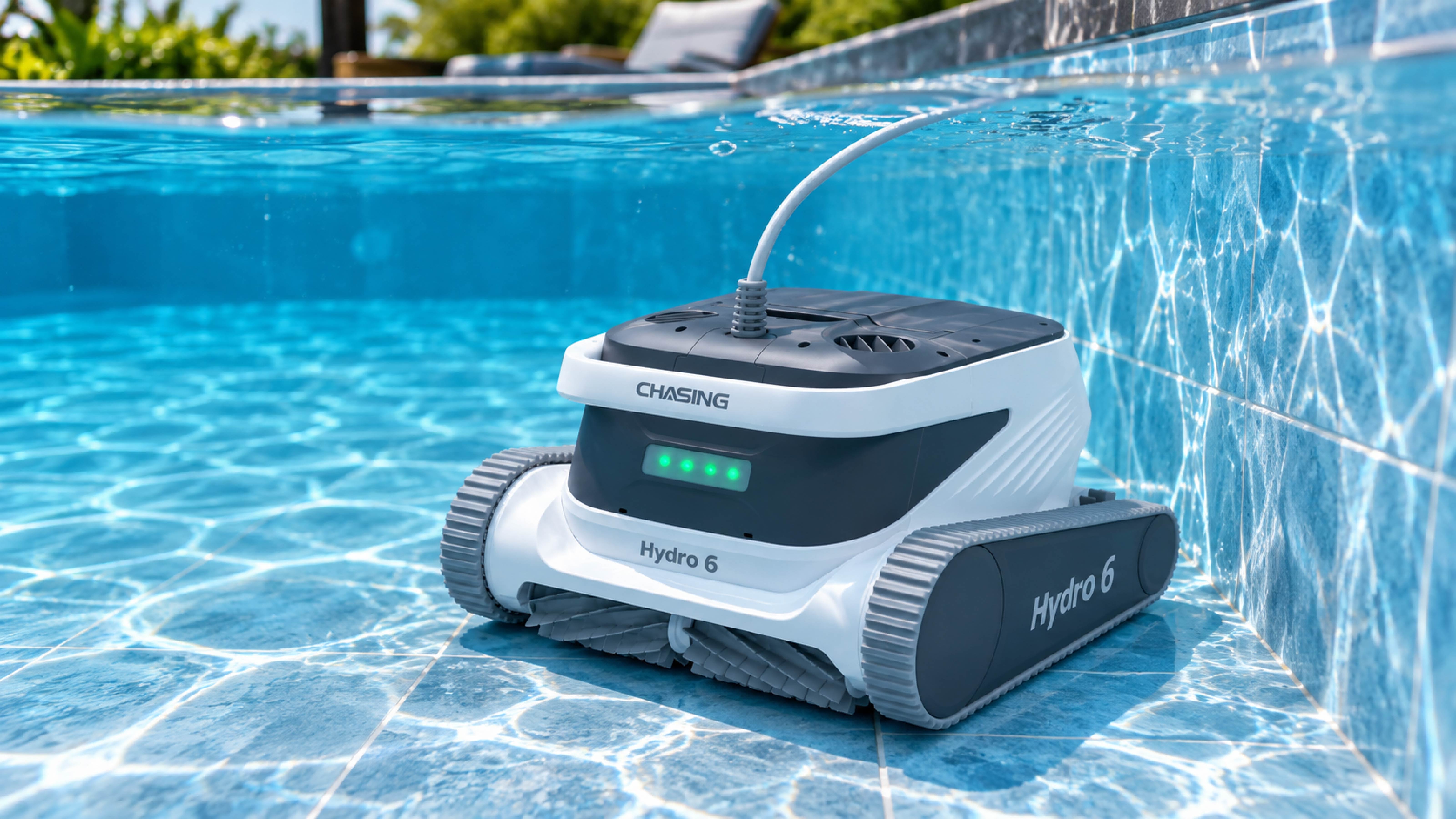 Tuzlu su havuzunun kenarında duran Chasing Hydro6 UV havuz temizleme robotu