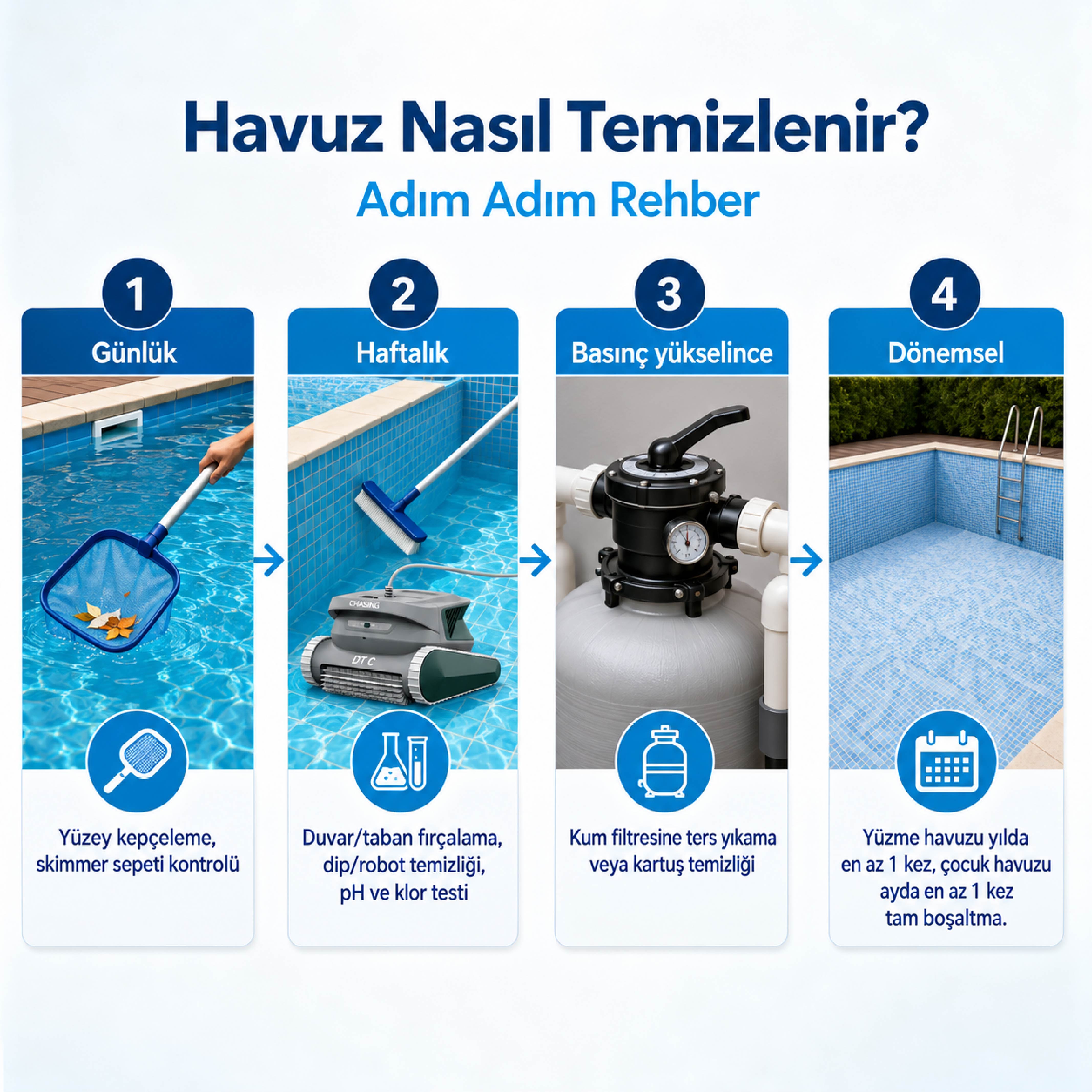 Havuz bakımının günlük, haftalık, filtre ve dönemsel adımlarını gösteren dört aşamalı süreç şeması