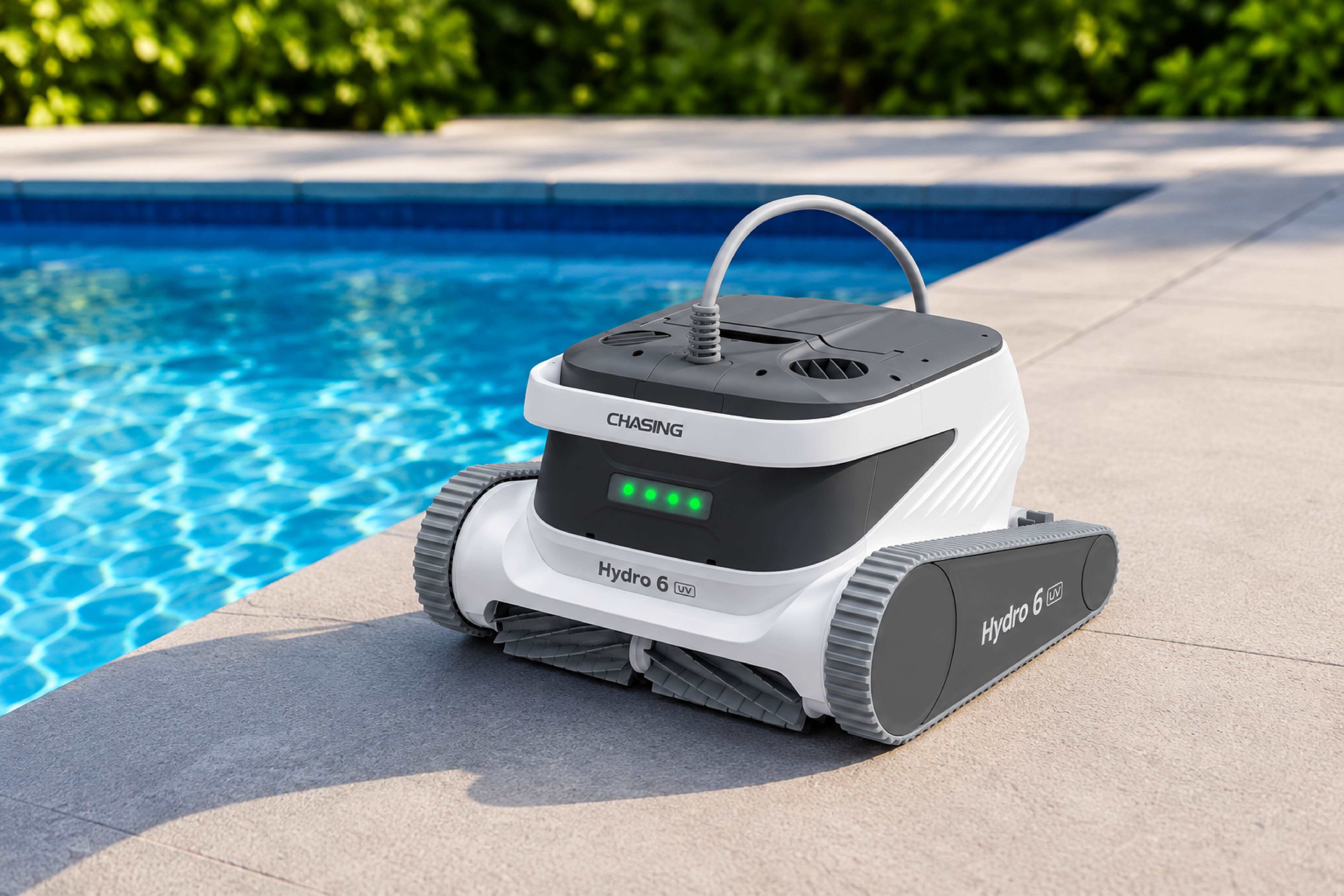 Gri-beyaz gövdeli, paletli, UV-C özellikli Chasing havuz temizleme robotu ön-sol açıdan