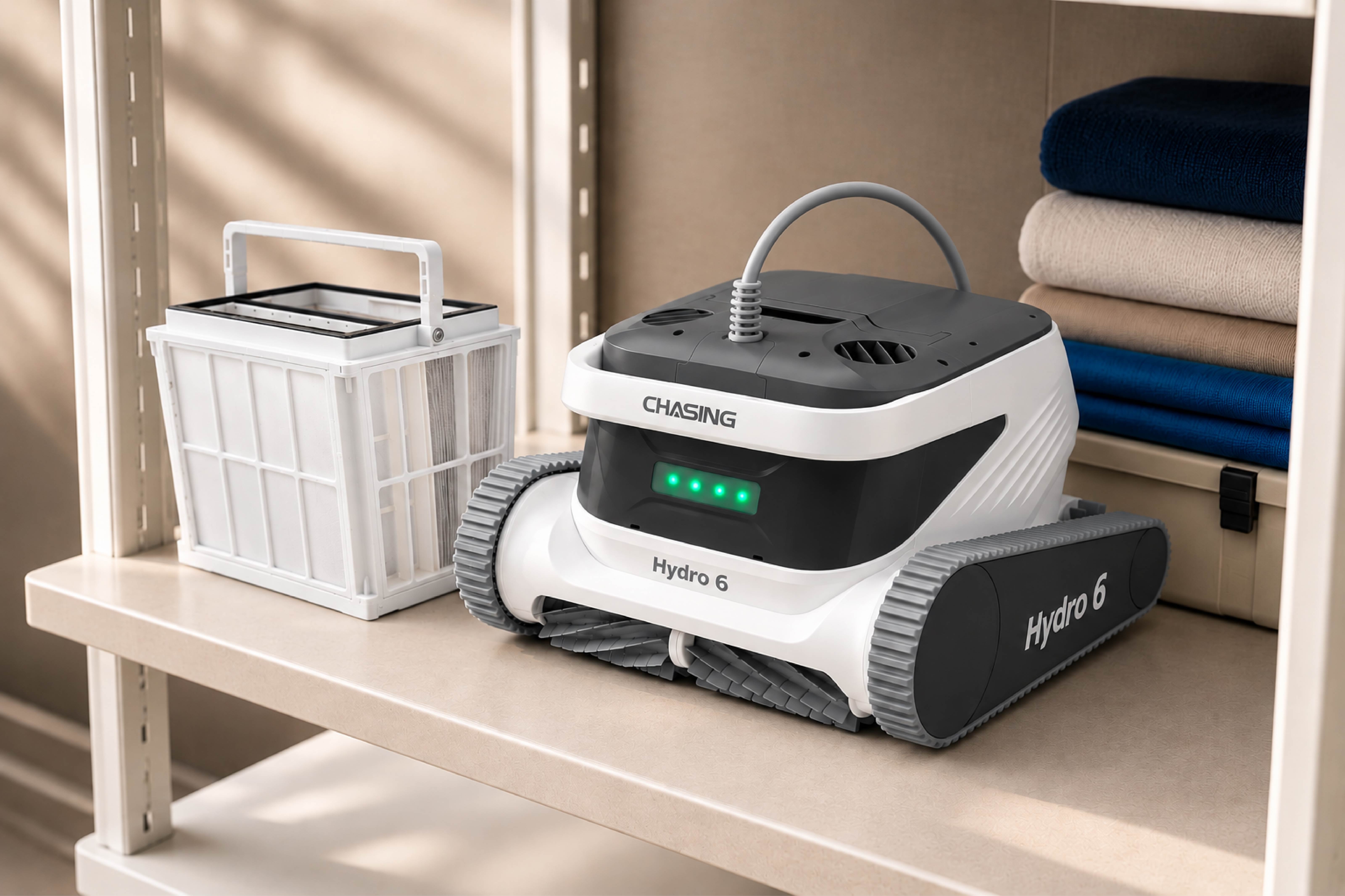 Filtre sepeti çıkarılmış, kuru bir rafta saklamaya hazır Hydro 6 UV havuz robotu