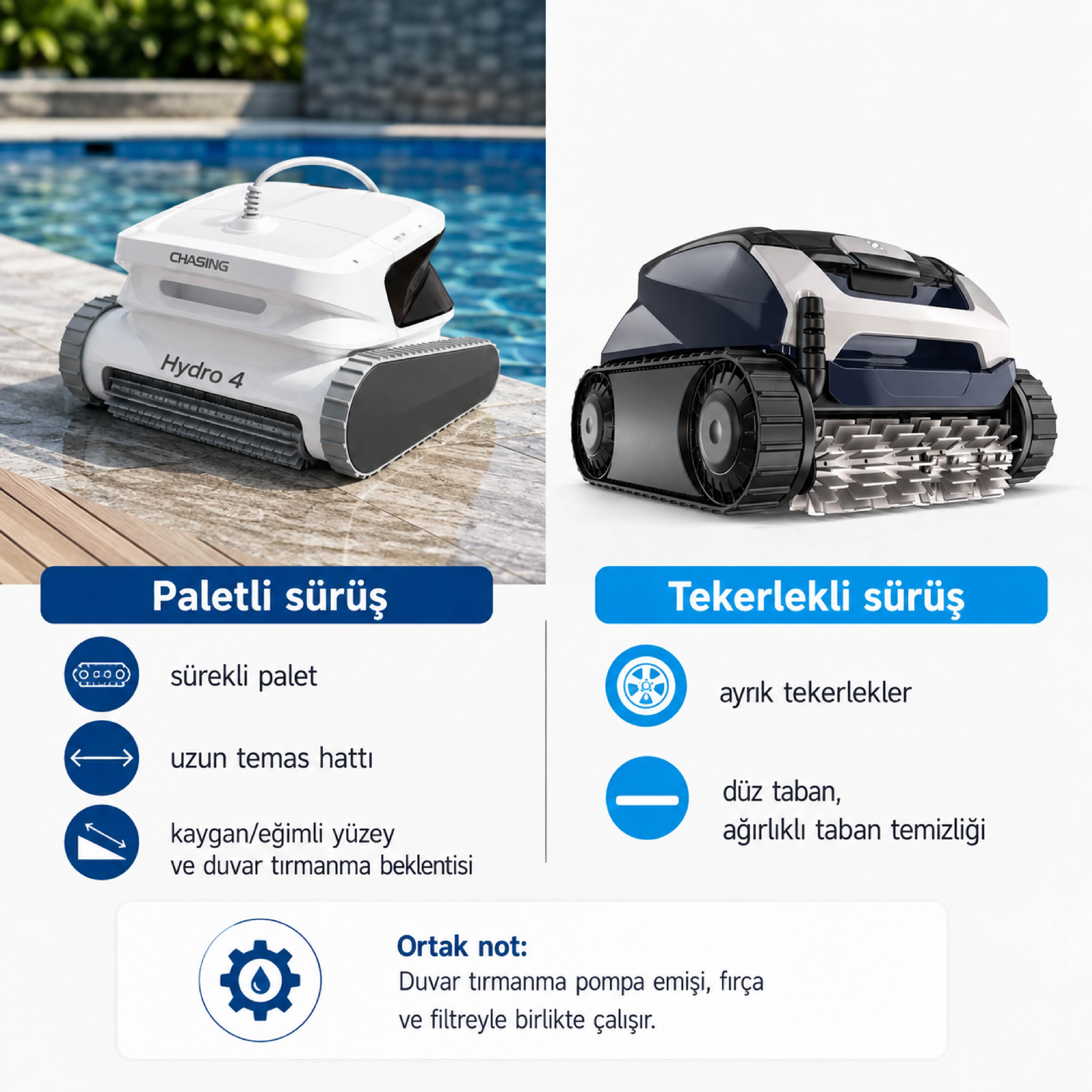 Paletli ve tekerlekli havuz robotu sürüş sistemlerinin yan yana karşılaştırması