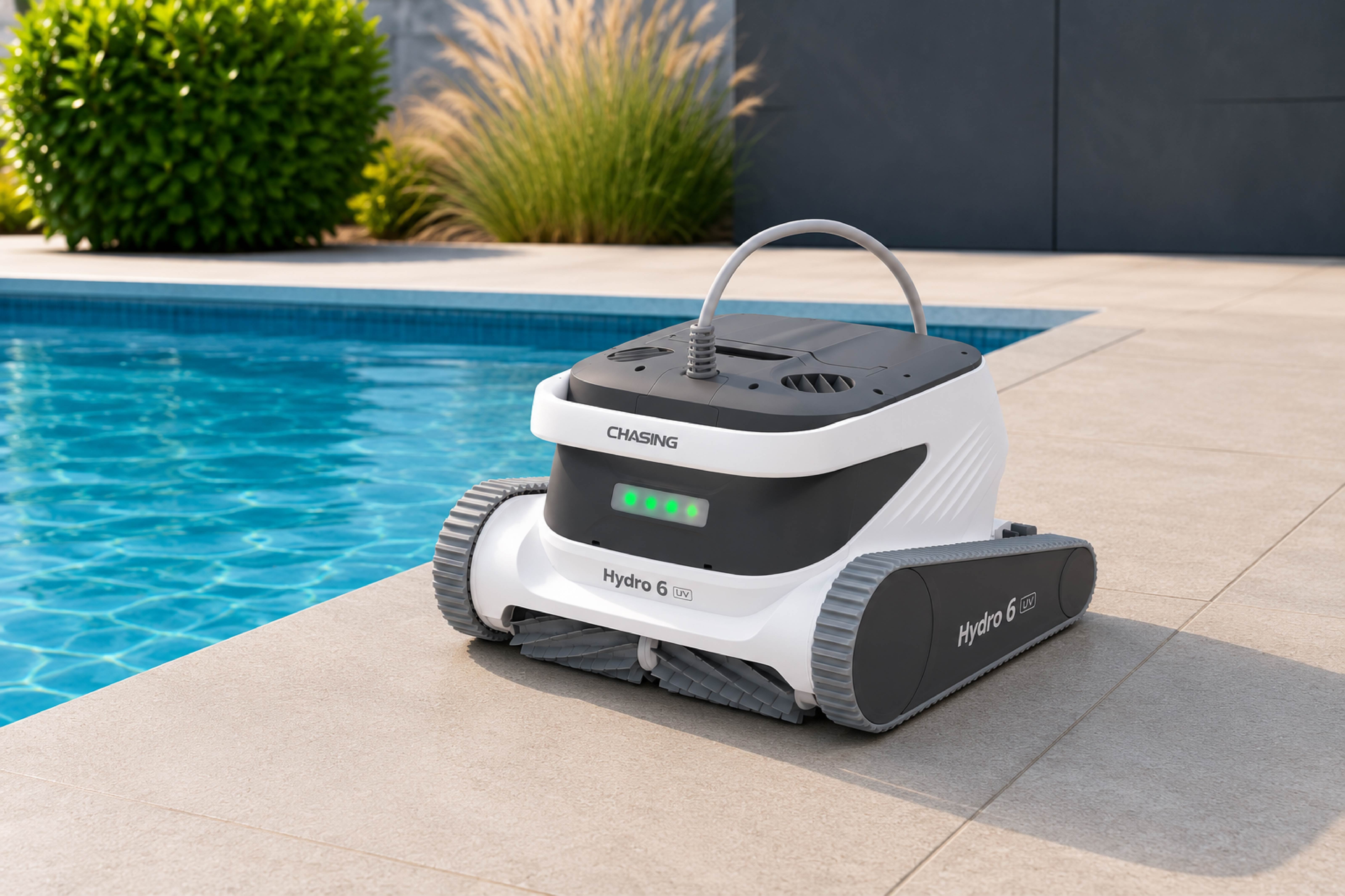 Hydro6 UV havuz temizleme robotu önden yandan görünümde