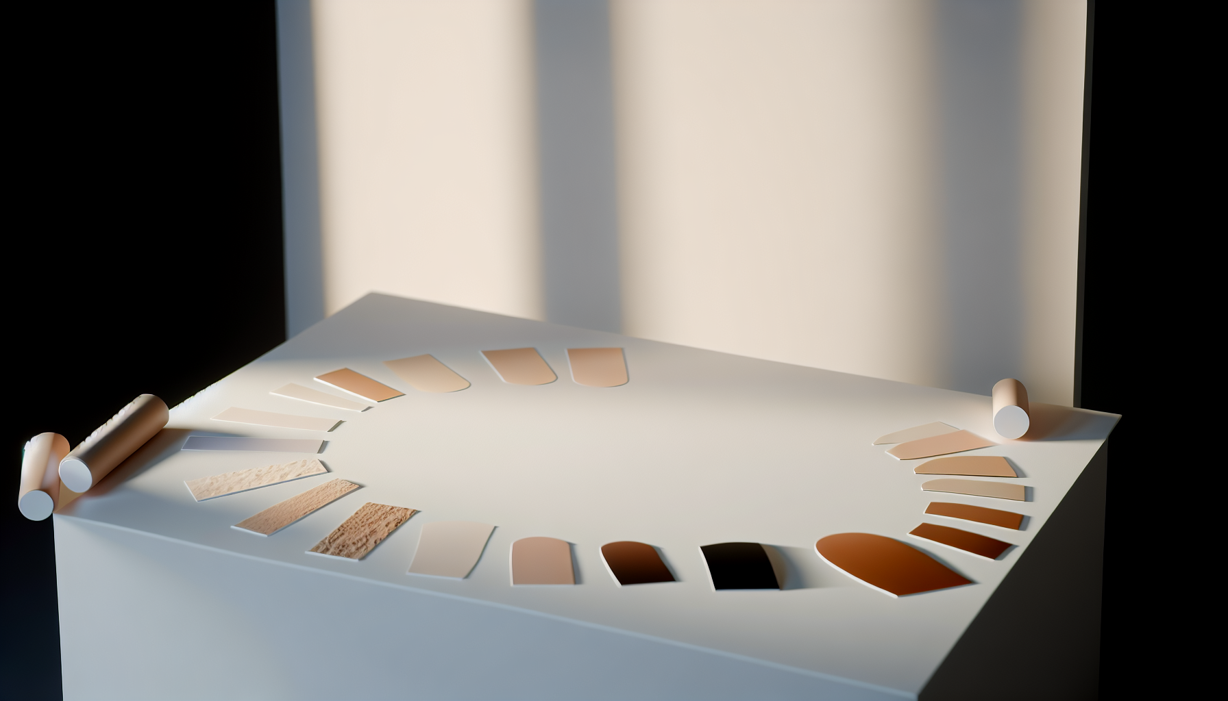 Overhead flat-lay on warm wood or stone surface. White printer paper, a silver ring, a gold ring, a hand-mirror, and a wrist laid across the paper with veins visible. Natural window light from the left. Styled like an editorial skincare guide — minim