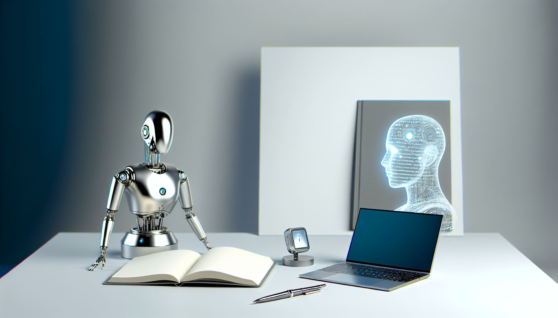 Un moniteur affichant un document "Fichier de Formation à la Voix" — sections visibles étiquetées "Articles Exemple," "Règles de Vocabulaire," "Liste d'Anti-Modèles," "Cibles de Longueur de Phrase." Tasse de café et carnet de notes à côté