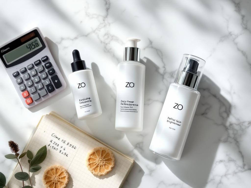 Close-up overhead shot of three ZO products (Exfoliating Cleanser, Daily Power Defense, Retinol Skin Brightener 0.5%) arranged on a white marble surface next to a calculator and a notebook with handwritten price comparisons. Natural side lighting.