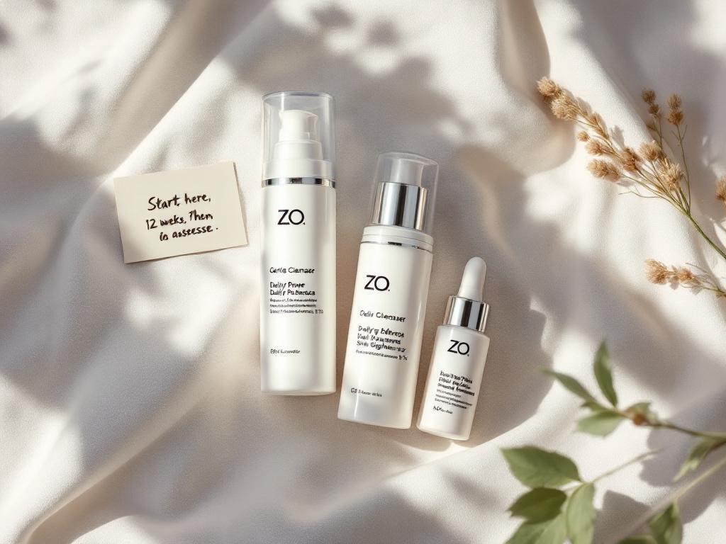 A flat-lay on a neutral linen background showing exactly the three core products (Gentle Cleanser, Daily Power Defense, Retinol Skin Brightener 0.5%) with a small handwritten note reading "Start here. 12 weeks. Then reassess."