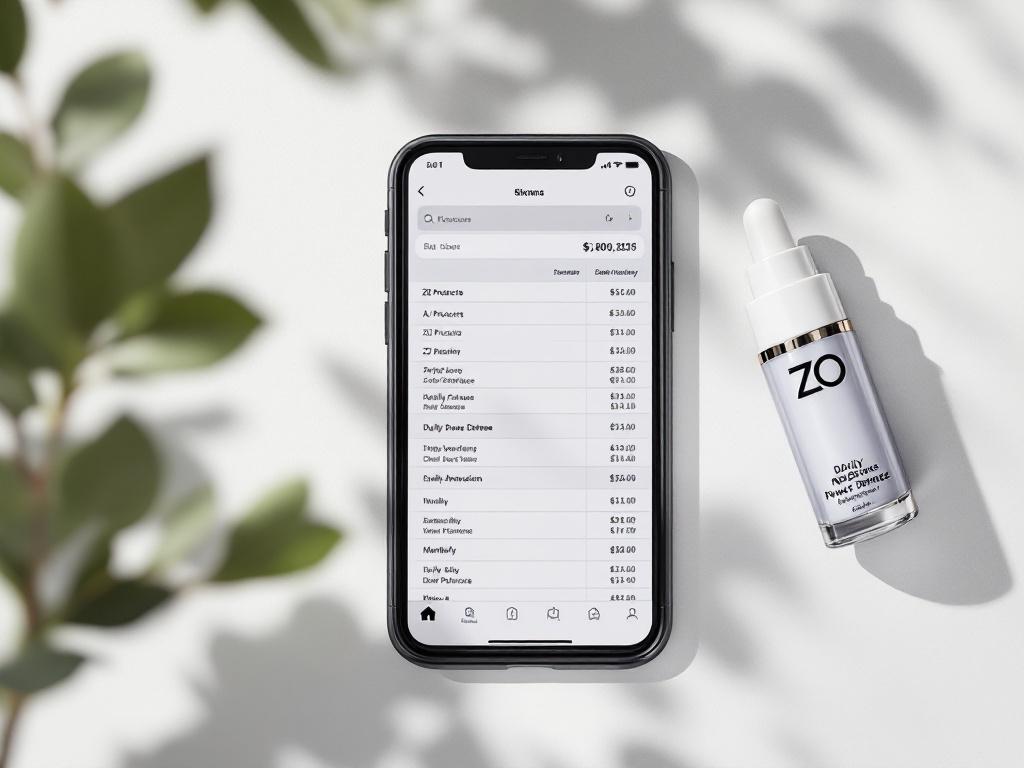 A clean overhead shot of a smartphone displaying a budget spreadsheet with ZO products listed and monthly amortization columns visible, next to a single ZO product (Daily Power Defense) on a neutral surface.
