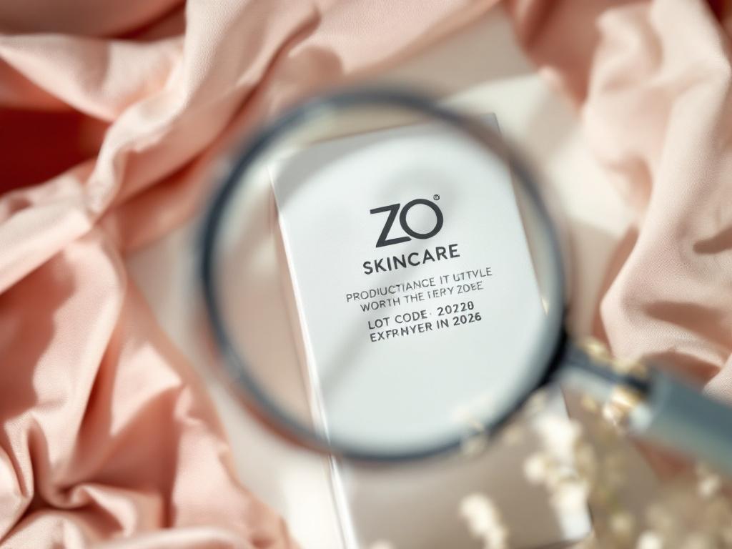 Close-up of an authentic ZO product carton showing the lot code and expiration date stamping clearly visible, alongside a magnifying glass.