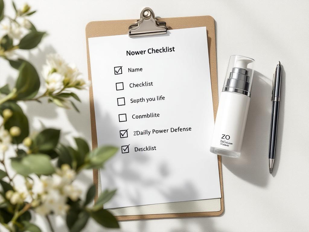 Top-down shot of a printed checklist on white paper with a pen, several items checked off, beside a single ZO Daily Power Defense bottle.