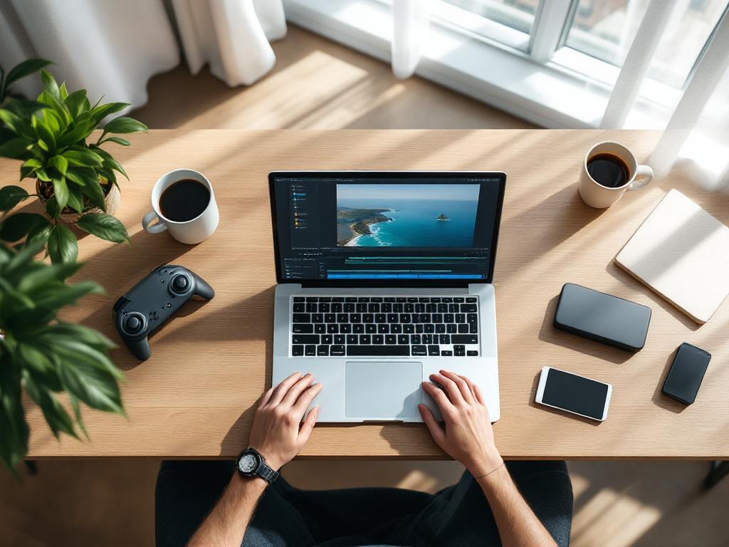 Hero image — overhead workstation shot with a DJI controller, laptop showing a video timeline with aerial footage of a coastline, external SSD and SD card reader on desk, soft daylight from window. Wide aspect ratio, top-down angle.