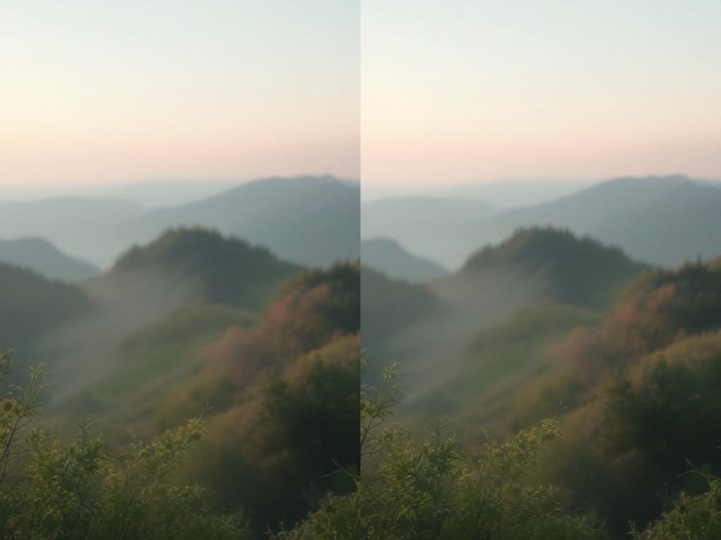 Side-by-side still frames from the same drone shot — left frame shows visible horizon tilt and frame edge drift (unstabilized); right frame shows corrected, level horizon with slightly tighter crop (stabilized). Caption space below for "Before /