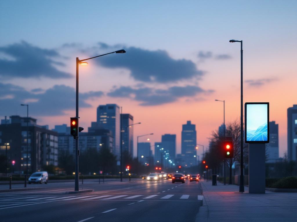 A city street at dusk showing connected streetlights with visible sensor housings, a smart traffic signal cabinet, and a digital signage post. Mid-distance angle, slightly elevated. Captures density of urban IoT deployment without staged-stock feel.