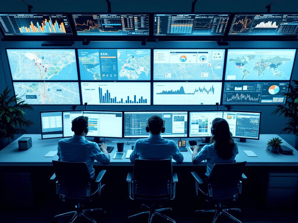 A municipal operations center with 2-3 staff at workstations in front of multi-screen dashboards showing maps, alerts, and time-series charts. Overhead or three-quarter angle. Conveys the human-in-the-loop reality of smart city operations.
