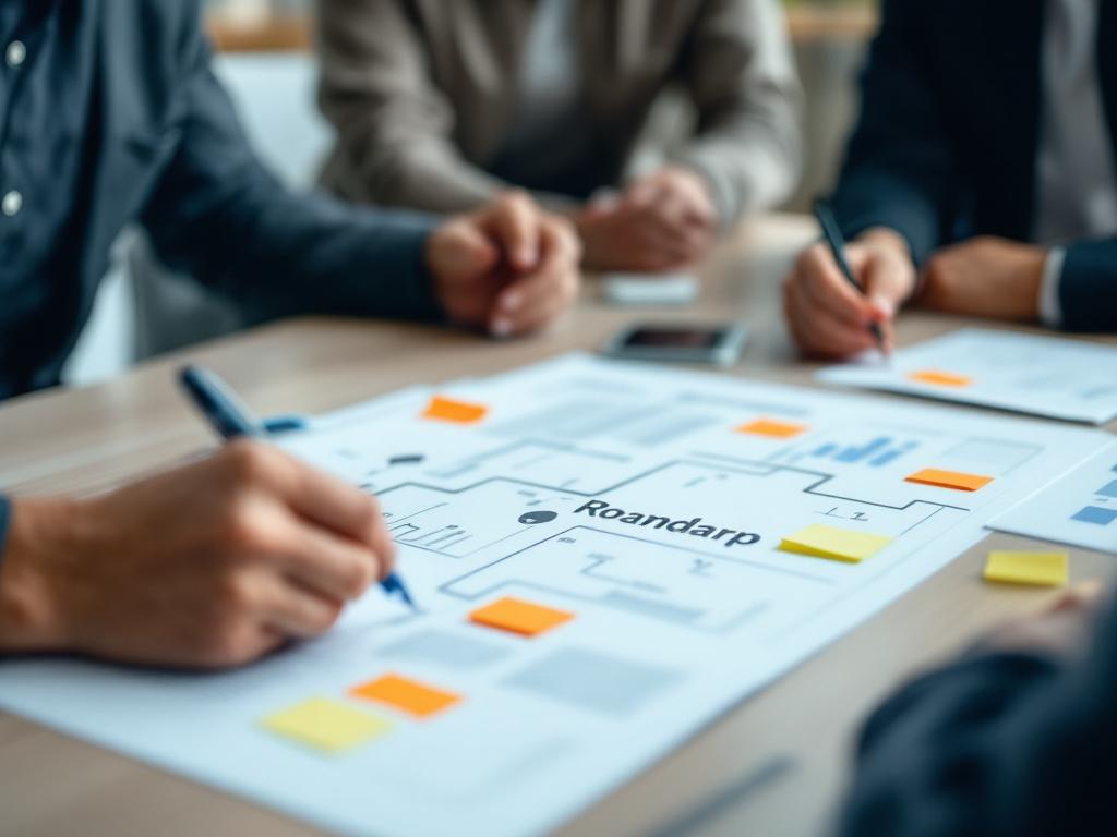 A planning session in progress — a printed roadmap or timeline document on a conference table, mid-discussion, with sticky notes or annotations visible. Three to four professionals around the table, partial framing (no clean stock-photo composition).