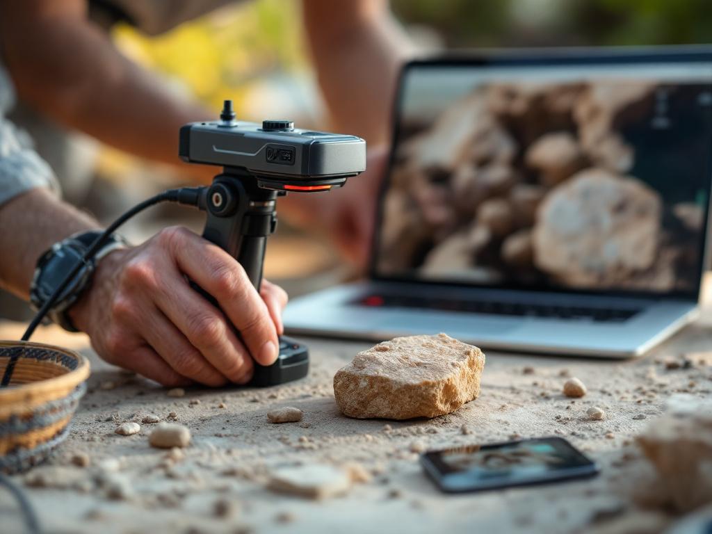 Close-up of a structured-light 3D scanner aimed at an ancient stone artifact on a fieldwork table, with a laptop displaying the live point-cloud capture in the background. Mediterranean or Mesoamerican fieldwork setting, natural daylight, archaeologi