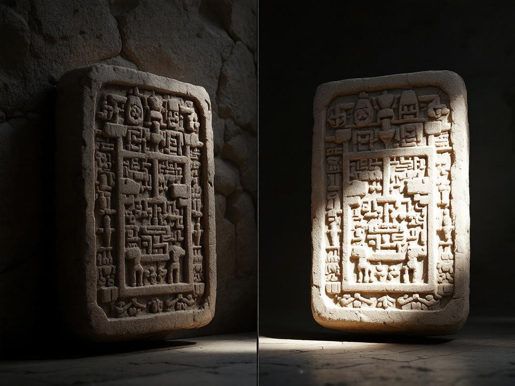 Split-screen view of the same Maya glyph: left side under standard photographic lighting (eroded, hard to read); right side rendered from a 3D scan with virtual raking light revealing carved detail. Caption-ready composition.