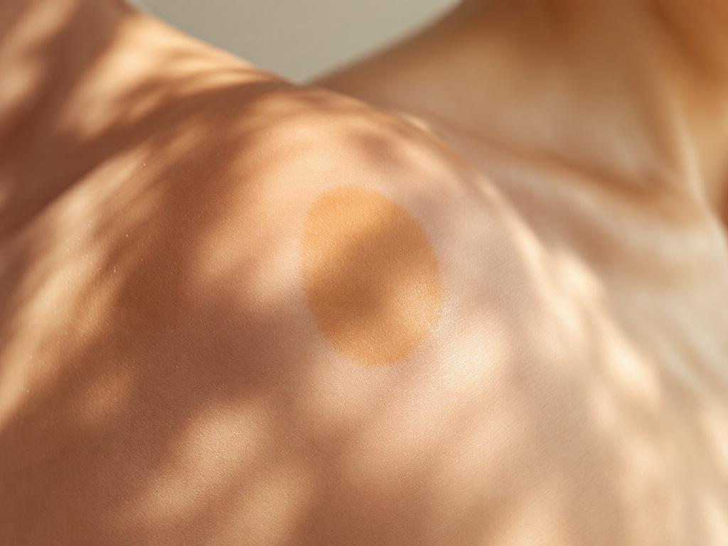 Close-cropped shot of an upper arm or shoulder with a healed surgical or acne scar showing visible brown post-inflammatory hyperpigmentation around an otherwise flat scar line. Natural lighting, no filter, realistic skin texture visible. The image mu