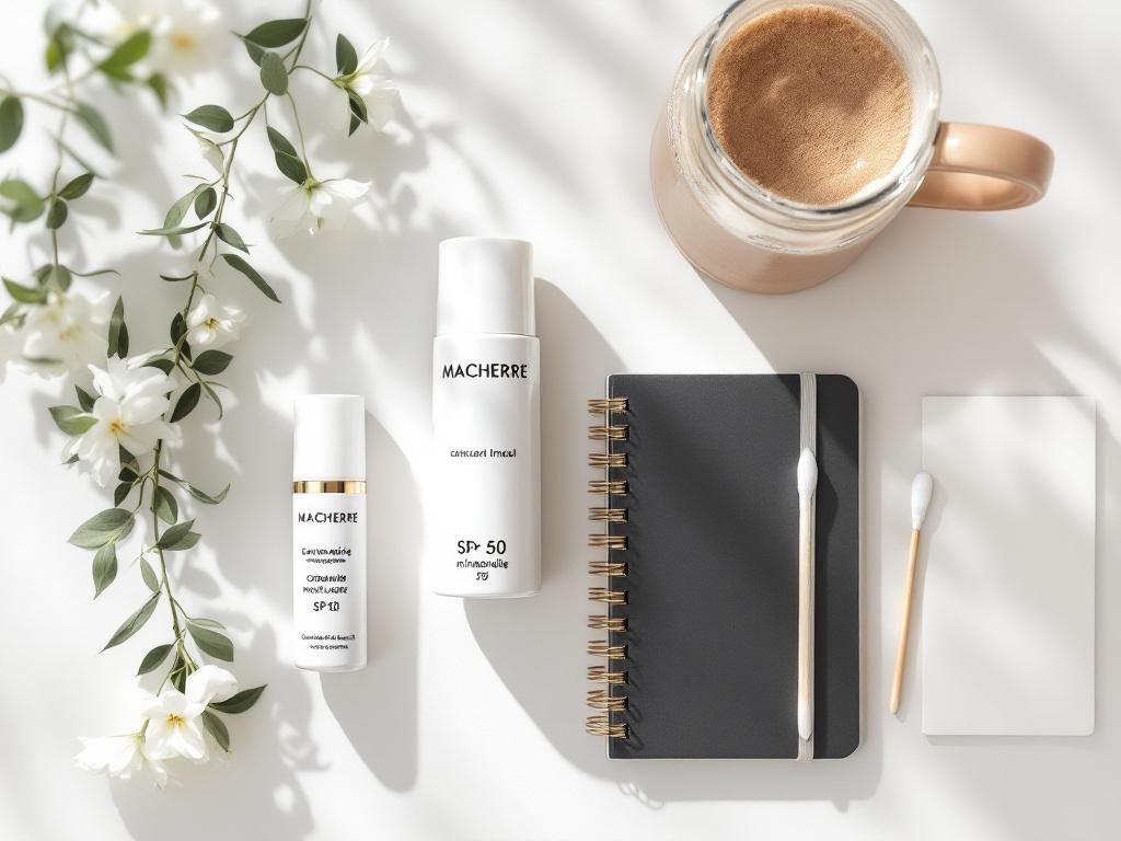 A flat-lay of a minimalist scar-care routine: one tube of the active (label not visible / generic), a ceramide moisturiser, a mineral SPF 50, cotton swabs, and a small notebook with a dated photo timeline. Soft natural lighting, neutral surface.