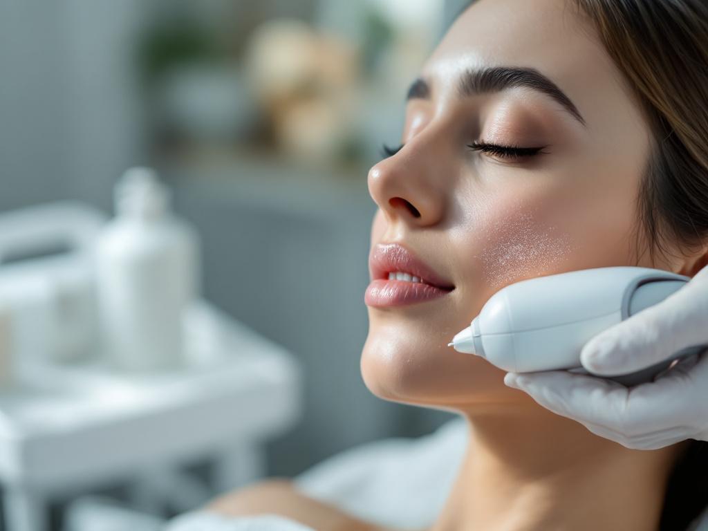 A clinical setting — a hand holding a microneedling device near a model's cheek (no actual procedure visible), or a clean dermatology consultation room with treatment chair and product tray. Conveys "professional environment" without being 