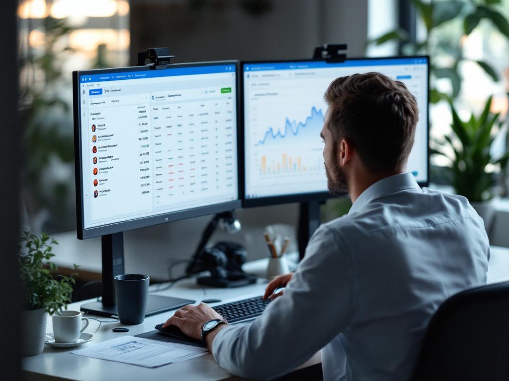 Foto sobre el hombro de un operador financiero en un escritorio con múltiples monitores, una pantalla mostrando un panel de pago/administración con elementos de pago criptográfico, la otra mostrando un libro mayor de liquidación. Luz de oficina natural, sin brillo de foto de stock.