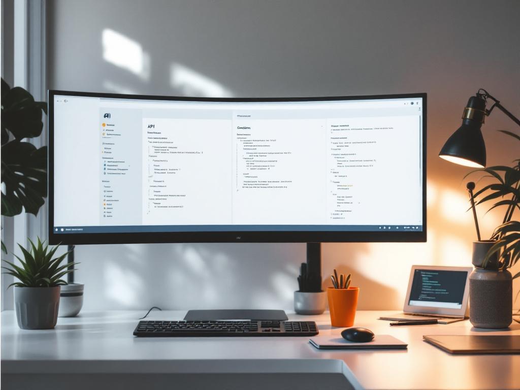 Espacio de trabajo del desarrollador, dos monitores — uno abierto a página de documentación de API con ejemplos de código visibles, el otro a terminal ejecutando transacciones de prueba. Entorno de trabajo real, no un portátil posado en un escritorio blanco.