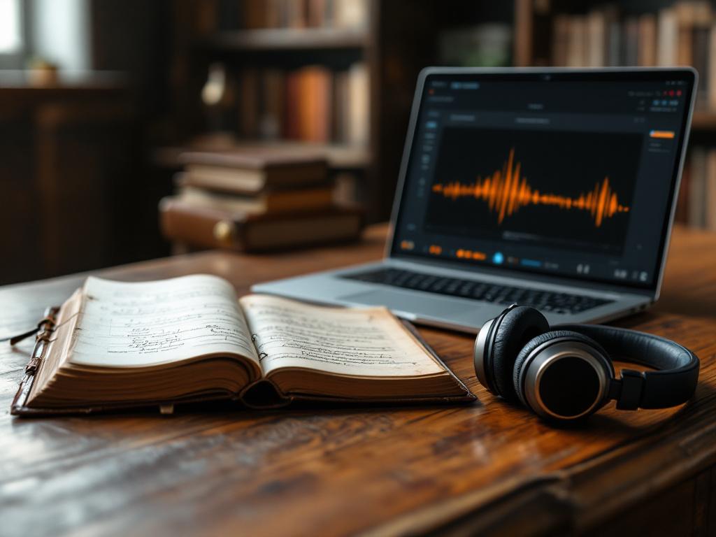 A wide-angle shot of a wooden archive desk: an open leather-bound 19th-century ledger on the left, a modern laptop on the right showing an audio waveform mid-playback, headphones resting on the ledger. Warm library lighting. Establishes the bridge me
