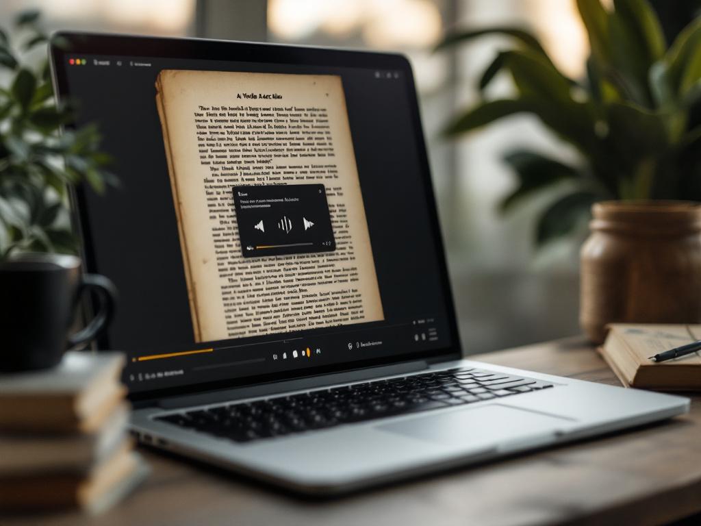 A laptop screen close-up showing an archive page in production: a digitized 1890s document on the left half, an audio player at the top with a visible waveform, a synchronized transcript on the right with the currently-spoken line highlighted in yell