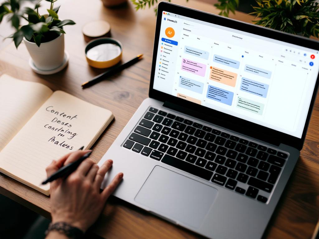 A laptop screen showing a content calendar with multiple draft posts queued, alongside a notebook with handwritten content ideas. Overhead angle, warm desk lighting, slightly cluttered to convey backlog reality. No tool branding visible.