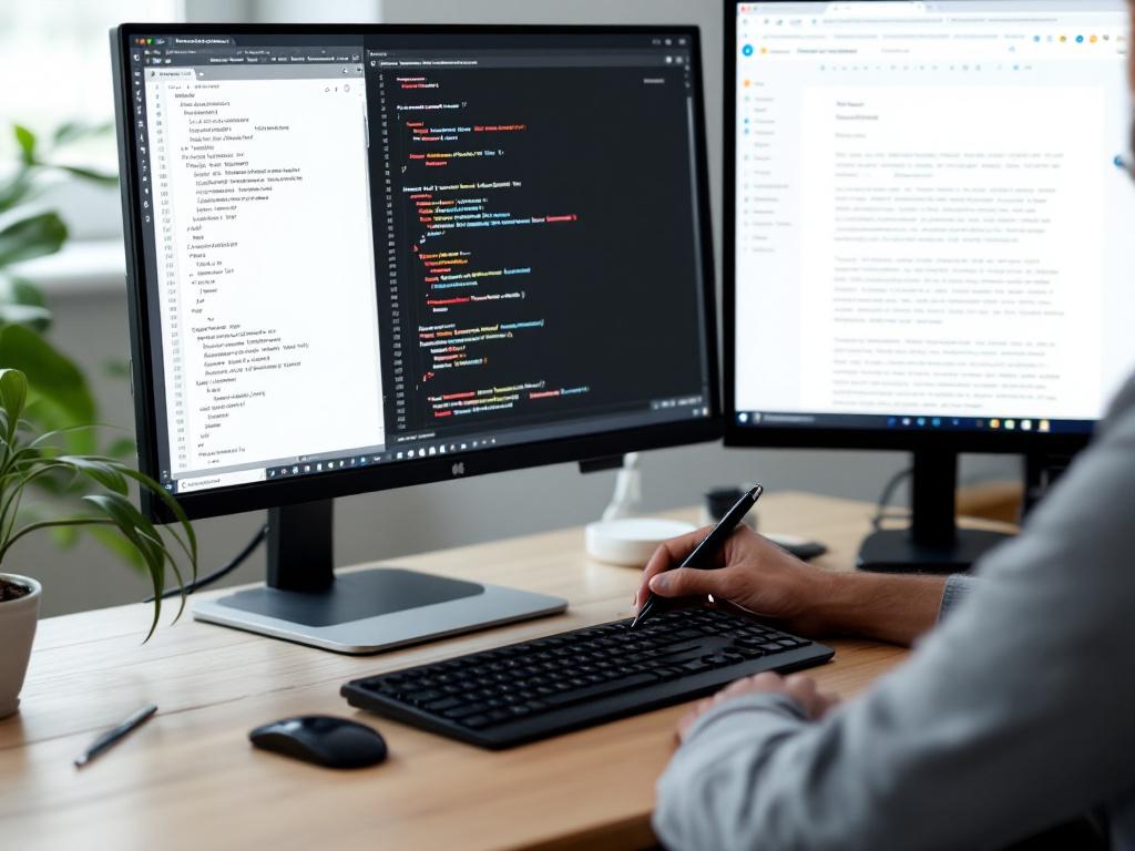 A clean shot of a marketer's dual-monitor setup — left screen showing a markdown editor with a draft, right screen showing a browser with a writing tool. No specific tool branding visible. Caption: "A working SaaS content stack rarely lives insi