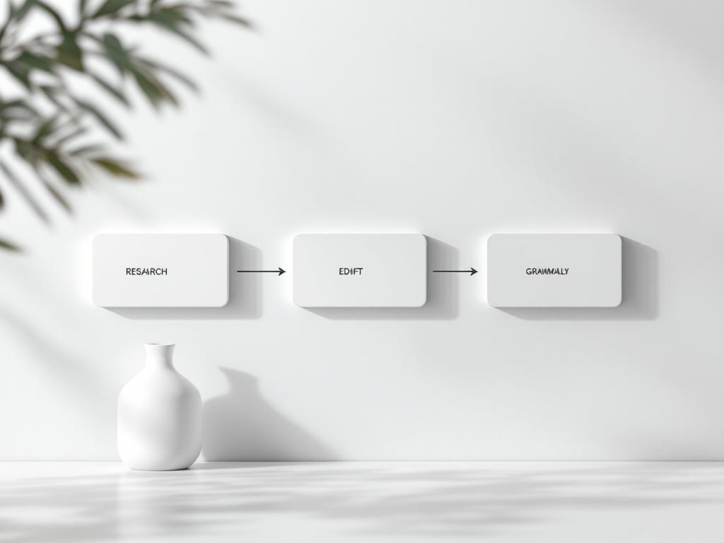 A simple horizontal flowchart showing four boxes connected by arrows: "RESEARCH (Gemini)" → "DRAFT (ChatGPT)" → "EDIT (Claude)" → "POLISH (Grammarly)". Clean, minimal, white background, no logos. Caption: &quot