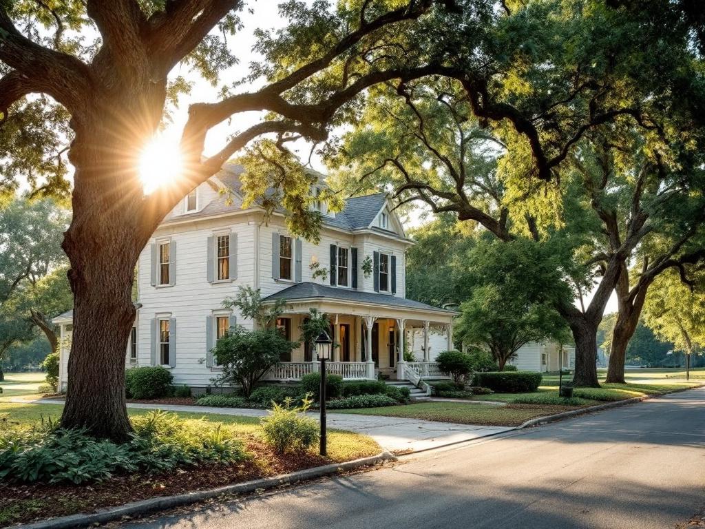 Wide-angle exterior of a restored two-story Victorian home on a tree-lined Palatka street, late afternoon light, magnolia or live oak in frame, river visible in background. Shows the renovation potential and historic character that drives the pricing