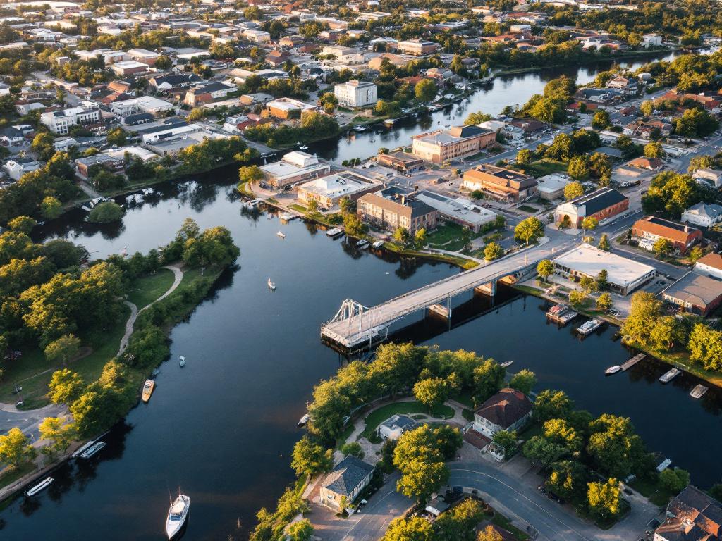 Aerial or elevated drone shot of Palatka showing the St. Johns River bend, downtown grid, and the Memorial Bridge. Establishes geography and density for readers who've never visited.