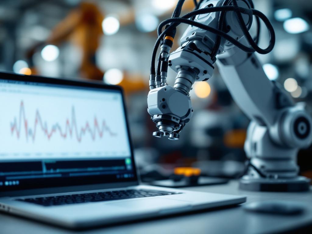 Close-up of a 6-DOF robotic arm mid-motion in a workshop or lab setting, with a laptop showing a serial plotter trace of motor response in the foreground. Shallow depth of field, industrial but not sterile.
