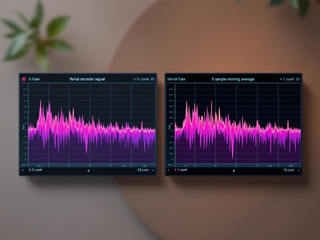 Side-by-side serial plotter screenshot — left panel shows raw encoder signal with visible high-frequency jitter (~±5 counts); right panel shows the same signal after a 5-sample moving average, smoothed to ±1 count. Both panels labeled with sample rat