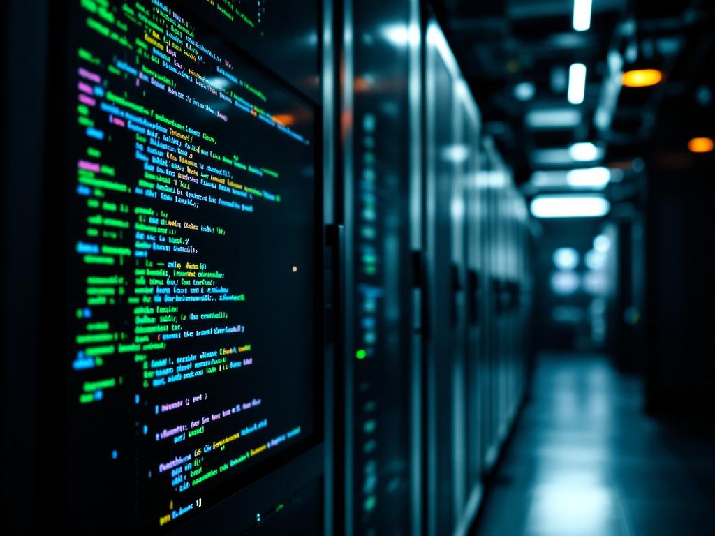 Wide-angle shot of a darkened server room with one monitor in the foreground showing green-on-black COBOL or assembly-style code. Older rack equipment visible. Conveys "still running, still critical, still old."