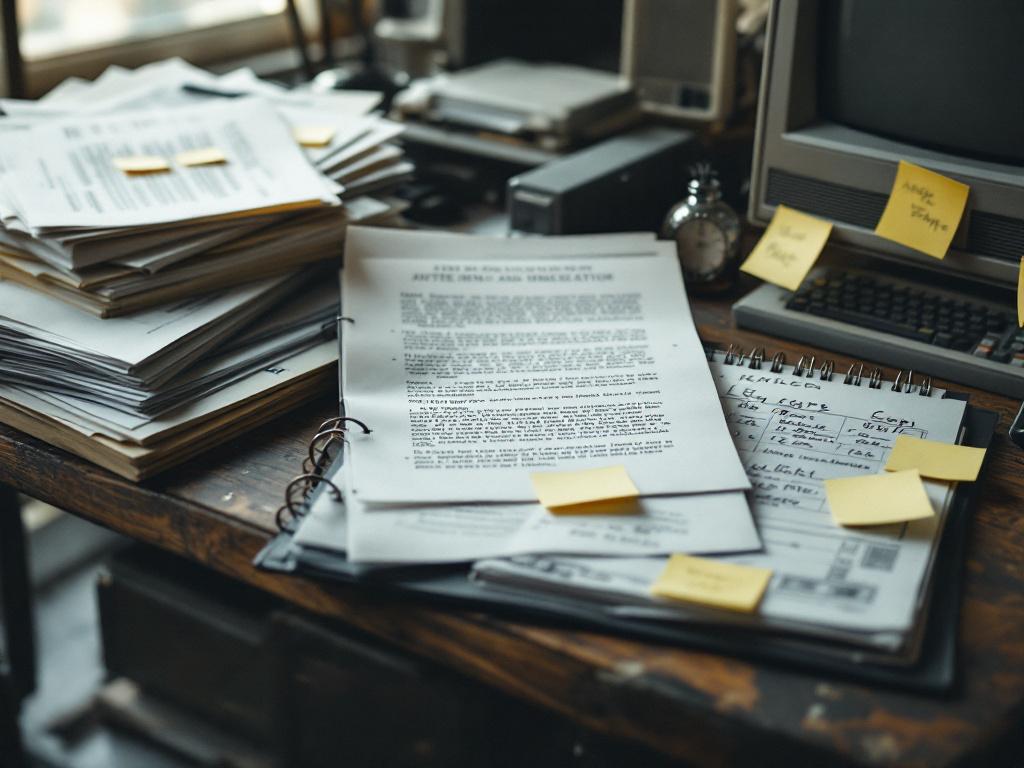 A worn engineer's desk with stacks of dot-matrix printouts, a three-ring binder labeled with system documentation, handwritten Post-its on a CRT-style monitor. Implies institutional knowledge frozen in physical artifacts.