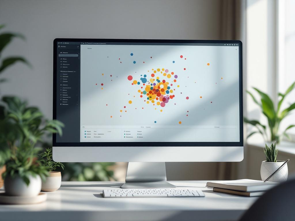 A monitor displaying a dependency graph — node clusters color-coded by coupling density, with one tightly-coupled cluster highlighted. Caption: "AI-generated dependency map of a 1.2M-line monolith."