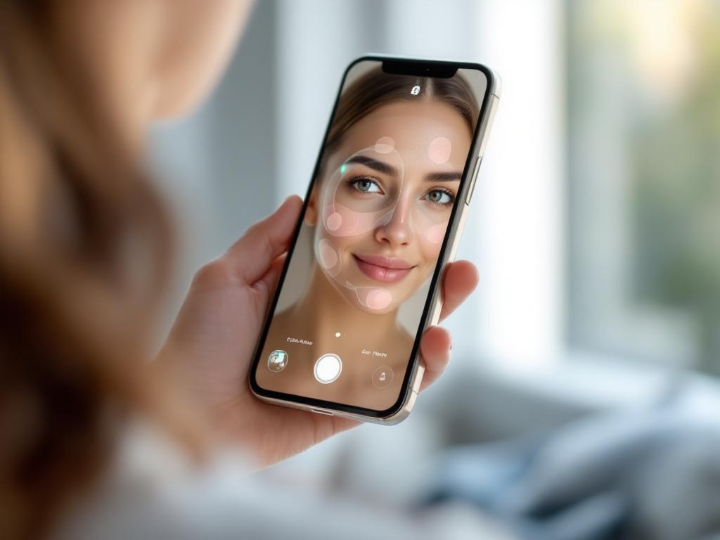 Close-up of a person in natural daylight holding their phone at arm's length, front-facing camera active, with the screen showing a face-mapping overlay (colored zones indicating different skin metrics). Phone screen visible at angle, skin texture of