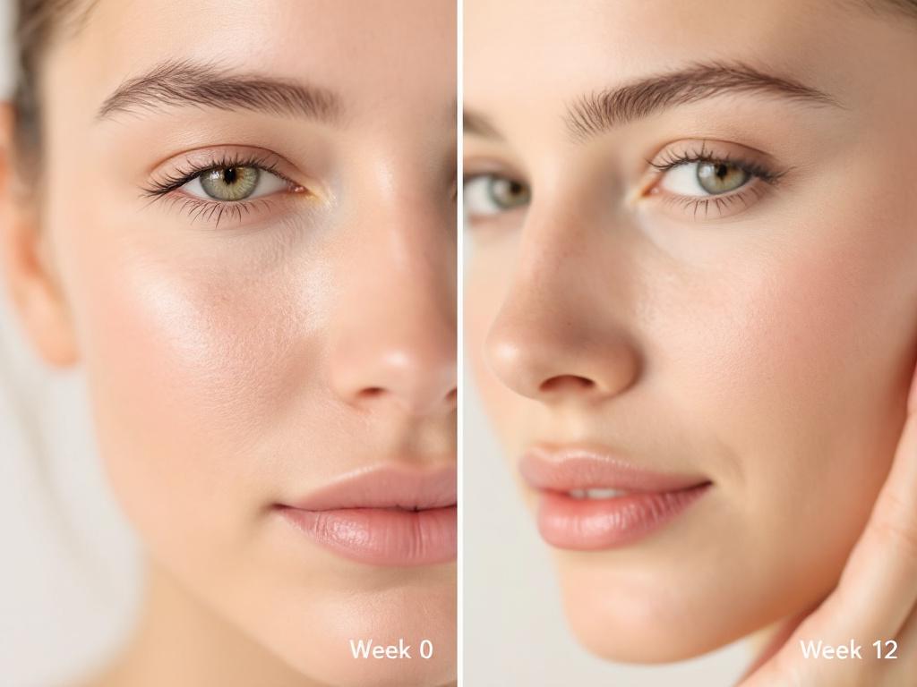 Two-panel side-by-side showing the same area of cheek skin, labeled "Week 0" and "Week 12," with subtle differences in texture and tone visible. Macro photography, neutral lighting. Caption clarifies this is a conceptual illustrat