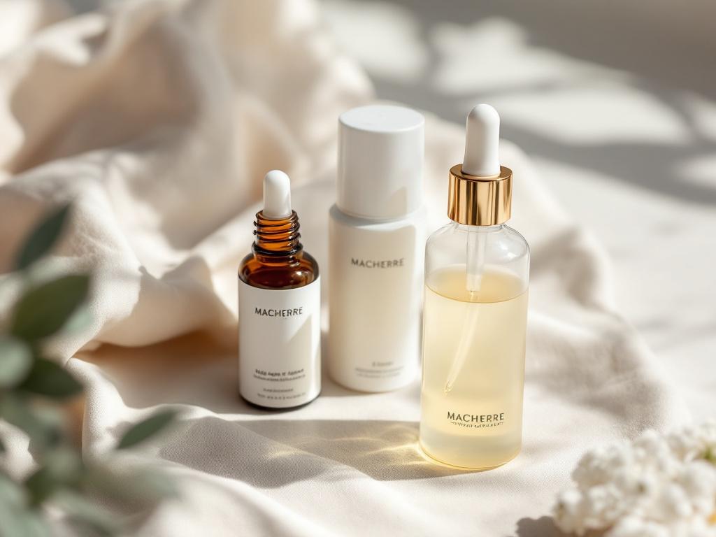 Three to four serum bottles of varied formats — amber glass dropper, white airless pump, clear pipette bottle, frosted glass — arranged on a clean linen or matte stone surface in soft, north-facing natural light. Slight shadow play. No labels visible