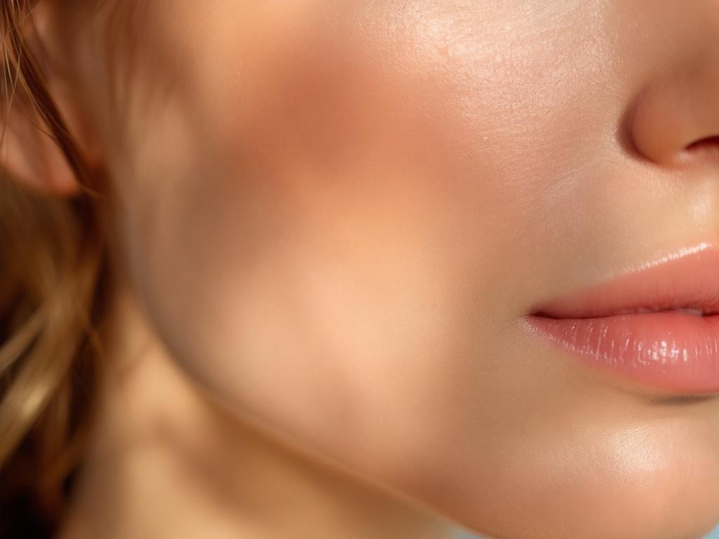 Macro close-up of facial skin texture — side-lit shot showing variation between hydrated and rough/dehydrated patches on the same face (cheek vs. perimeter). No model identifiers; could be a hand or forearm if face shots aren't available. Purpose: vi