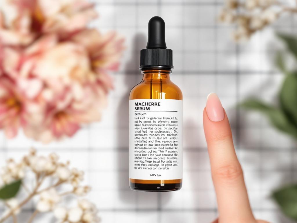 Top-down macro shot of a serum bottle with the back-label ingredient list in sharp focus. Use a finger or pen pointing to the active position. Background: subtle grid or graph paper to evoke "analysis." No specific brand; rotate the bottle 