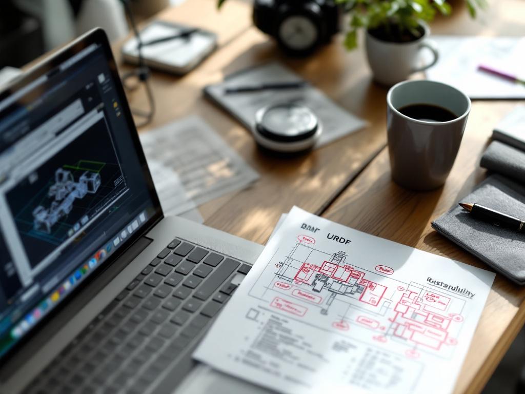 A cluttered engineer's desk showing a laptop with CAD geometry on screen, a printed BOM with red-pen sustainability annotations layered on top, and a coffee cup — conveys retrofitting sustainability after the fact. Wide angle, slightly overhead, natu