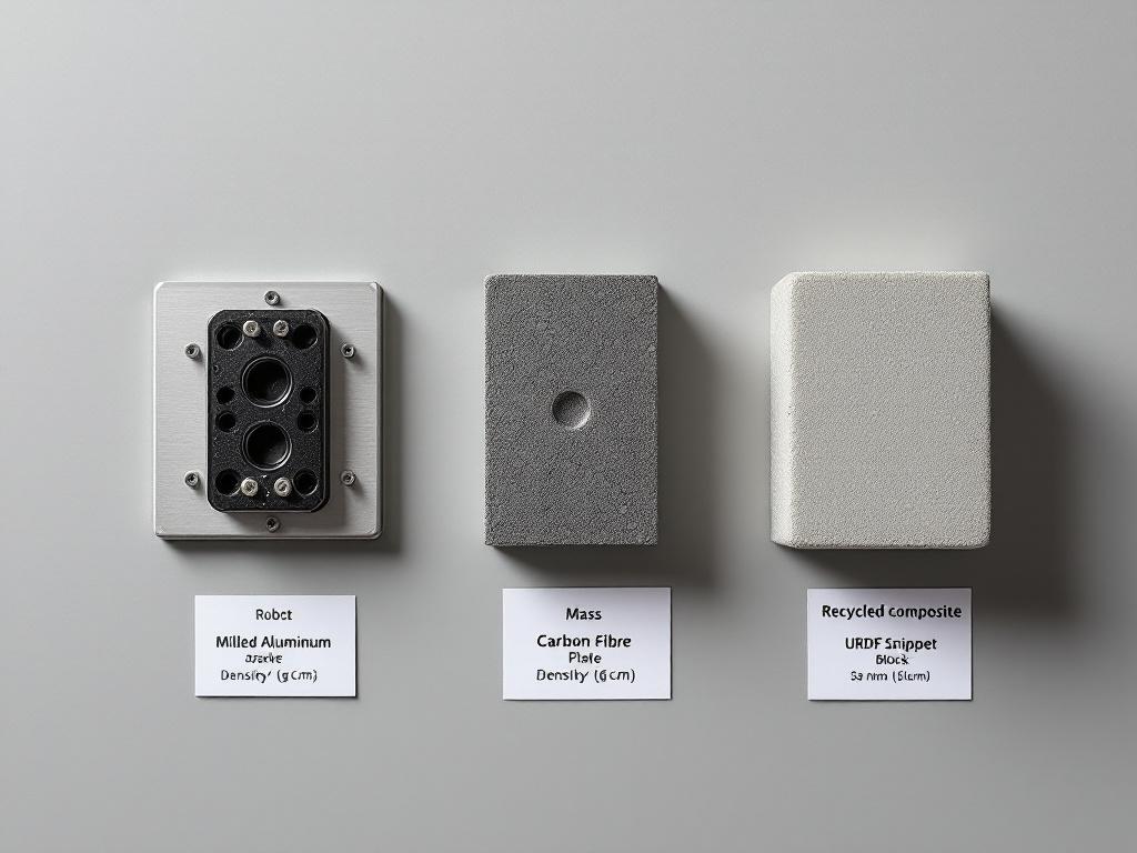 Flat-lay overhead shot on a neutral surface showing three robot link samples side by side — a milled aluminum bracket, a carbon-fiber plate, and a recycled-composite block — each labeled with a printed card showing density (g/cm³) and mass for the sa