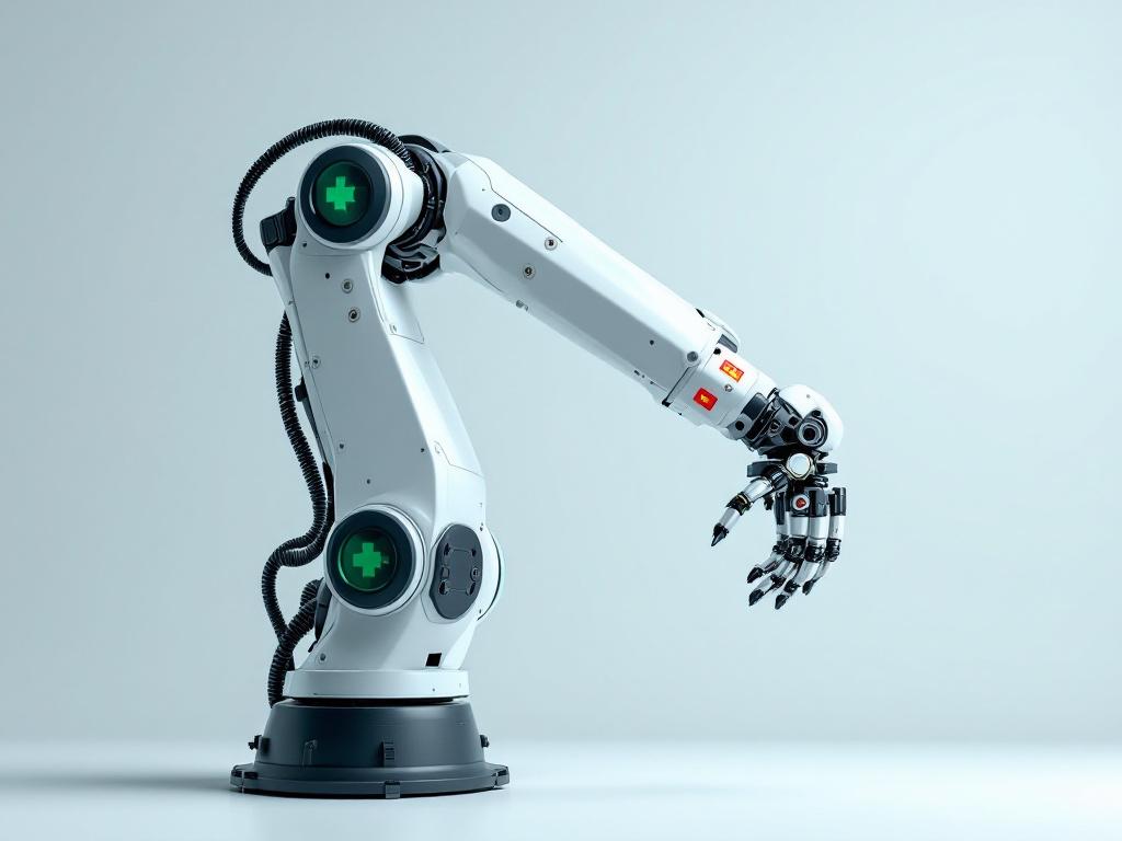 A 6-axis industrial robot arm photographed against a clean studio background with each major segment (base, shoulder, upper arm, elbow, forearm, wrist, end effector) digitally annotated with colored borders and labels matching URDF link/joint names. 