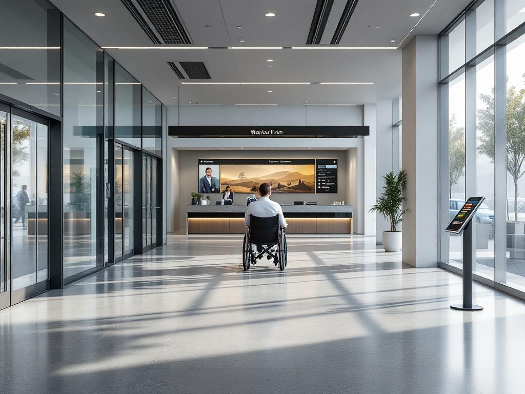 Wide-angle interior shot of a modern building lobby or transit station entrance, with a wheelchair user mid-frame approaching a wayfinding desk. Natural lighting, contrast between glass surfaces and matte flooring visible. Should communicate 'real sp