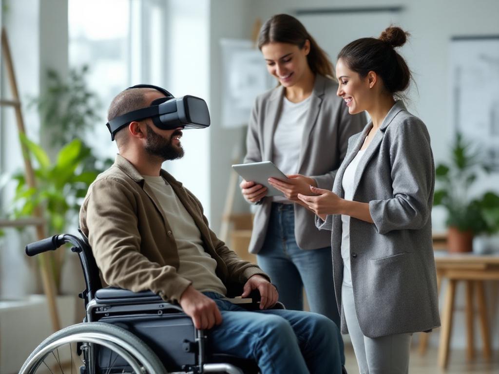 A person seated in a wheelchair wearing a VR headset, with a second person (architect or facility manager, holding a tablet) standing beside them in conversation. Background is a bright office or studio with architectural drawings visible. The compos